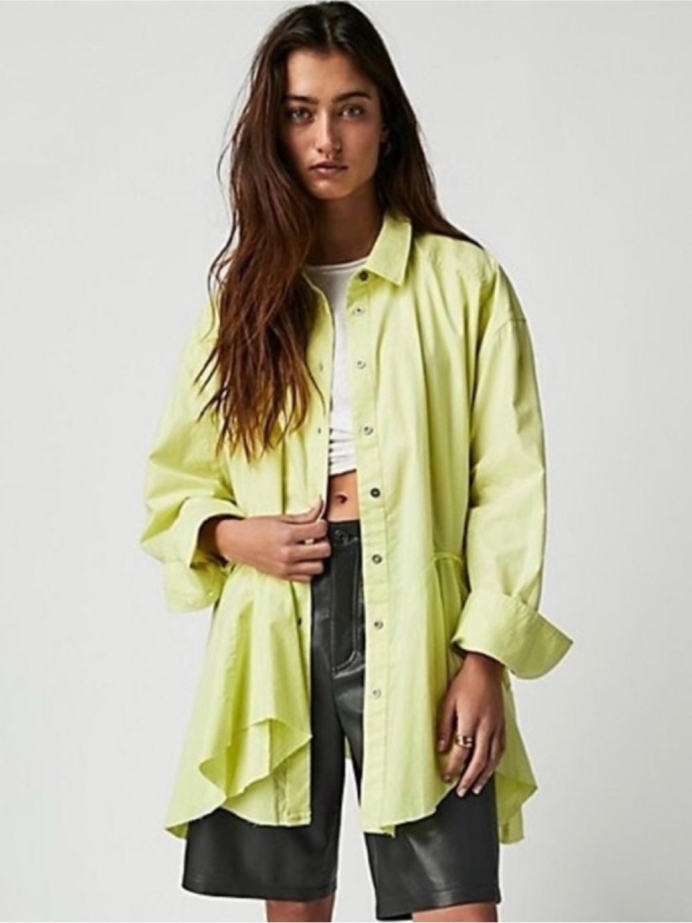 Free People Freya Poplin Button Front Collar Long Sleeve Tunic Green XS